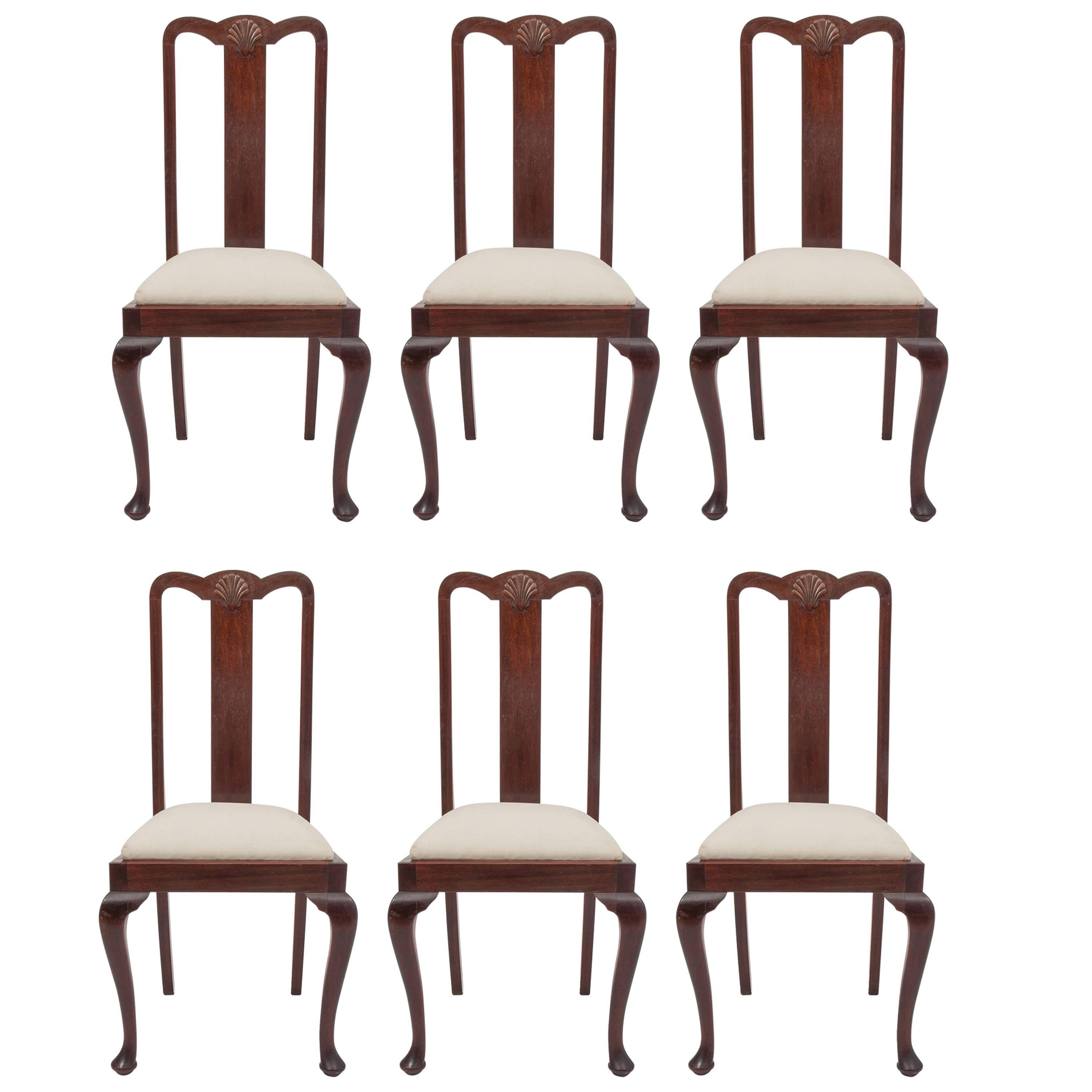  Mahogany Queen Anne Six Dining Chairs: Set with Two High Chairs