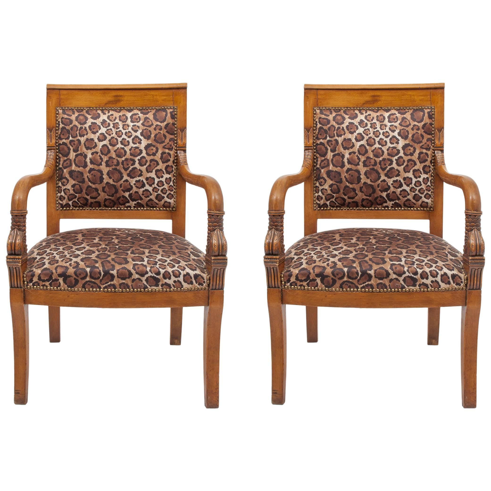  Club or Library Chairs Pair, Covered in "Leopard" Fabric