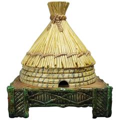 Antique Wedgwood Style Majolica Tiki Covered Butter Dish, circa 1900