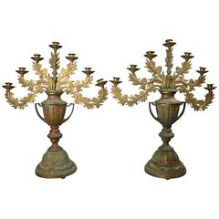 Pair of Oversized Antique French Empire Gilt Bronze Urn and Foliate Candelabra