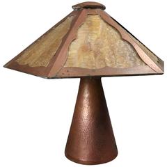 Antique Arts & Crafts Mission Style Hammered Copper Slag Glass Table Lamp