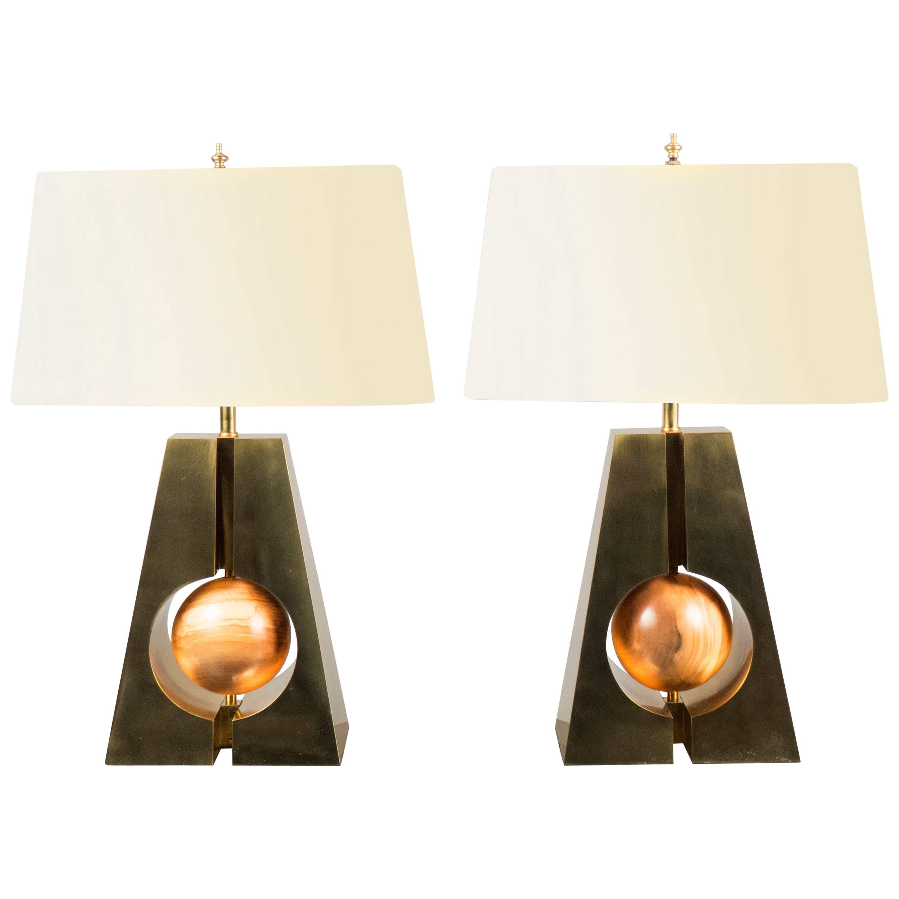 Pair of Brass and Wood Lamps, Italy, 2017