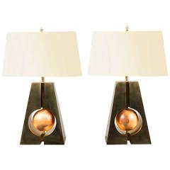 Pair of Brass and Wood Lamps, Italy, 2017 5