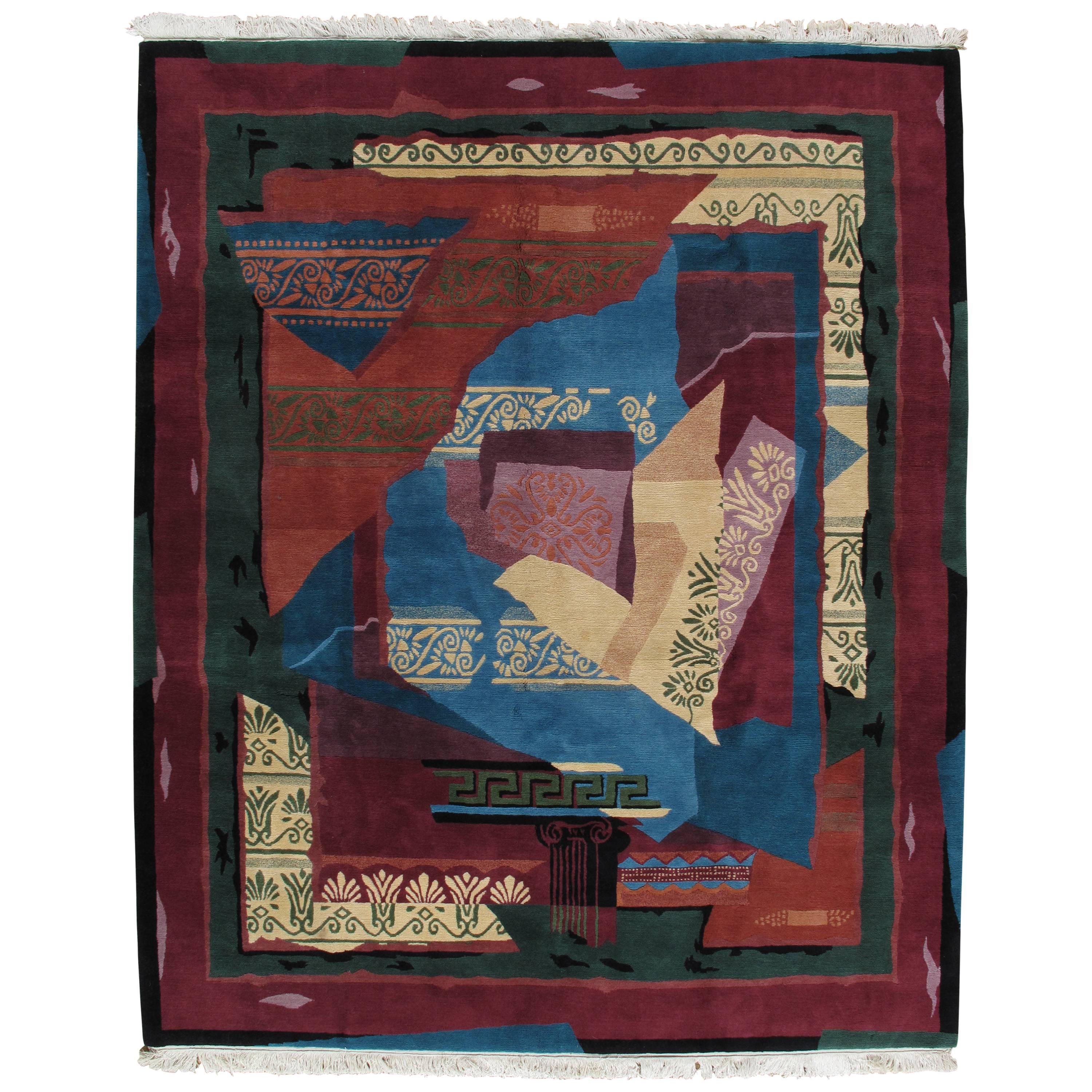 Vintage Tibetan Carpet, Handmade Wool Carpet, Red, Blue, Green, Ivory, Magenta