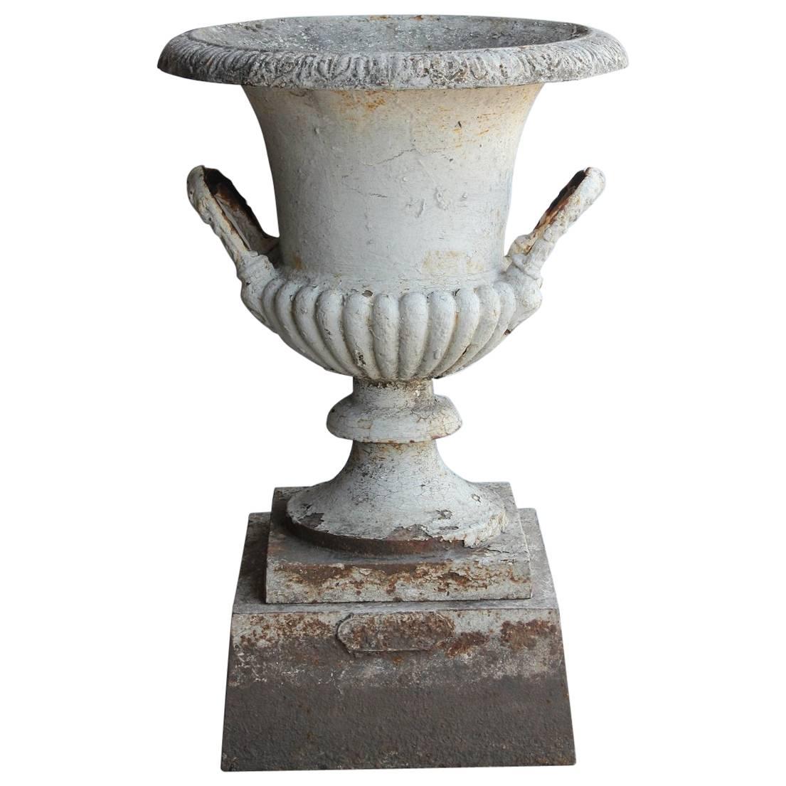 Large Antique 1800s Neoclassical Cast Iron Urn with Pedestal For Sale