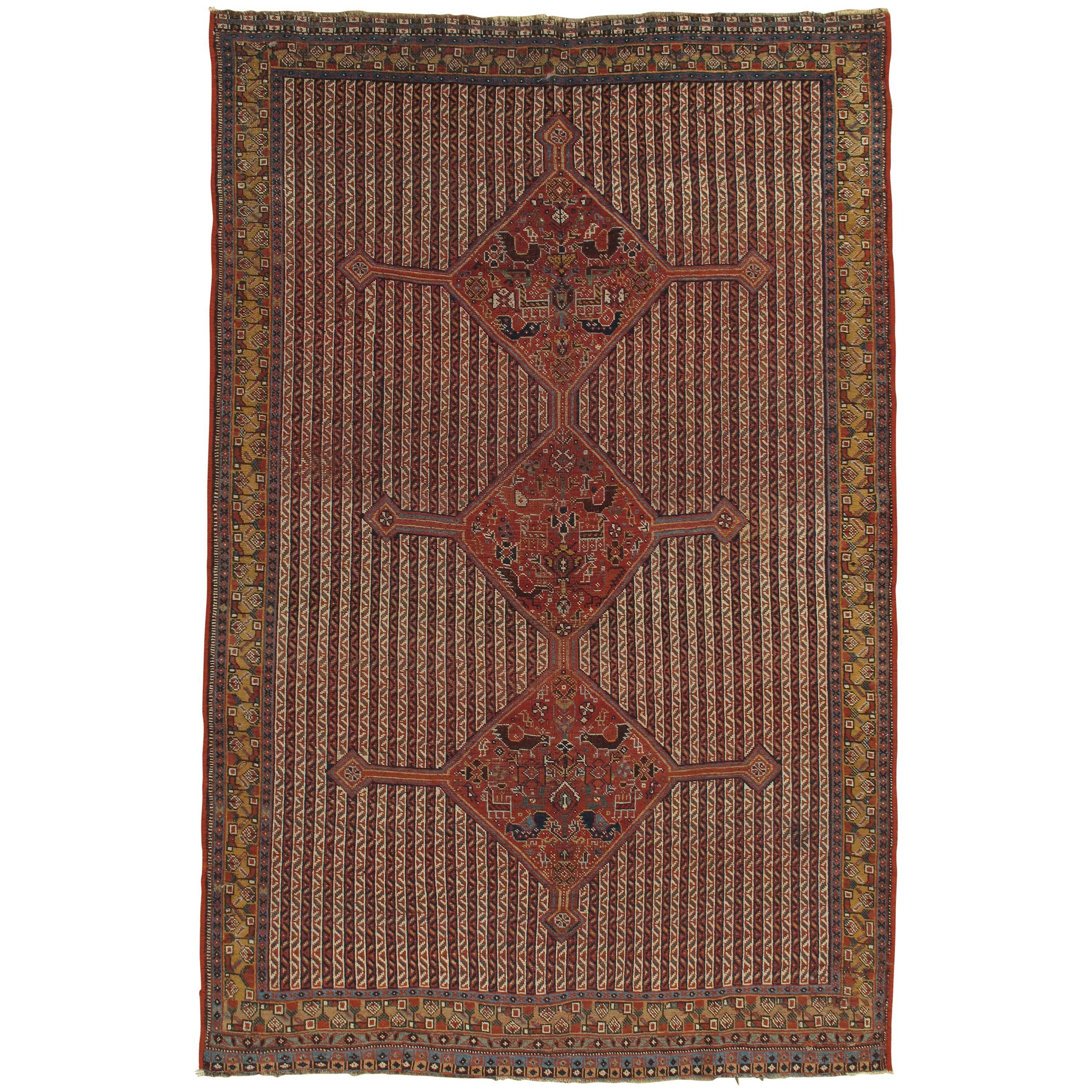 Antique Gashghai Rug, Tribal Persian Rug, Nomadic Handmade Rug Rust, Blue Ivory