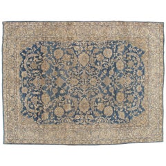 Antique Persian Kerman Carpet, Oriental Rug, Handmade, Blue, Ivory, Taupe, Tan