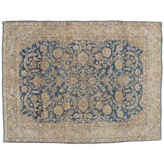 Tapis persan ancien Kerman, artisanal, bleu, ivoire, taupe, brun clair