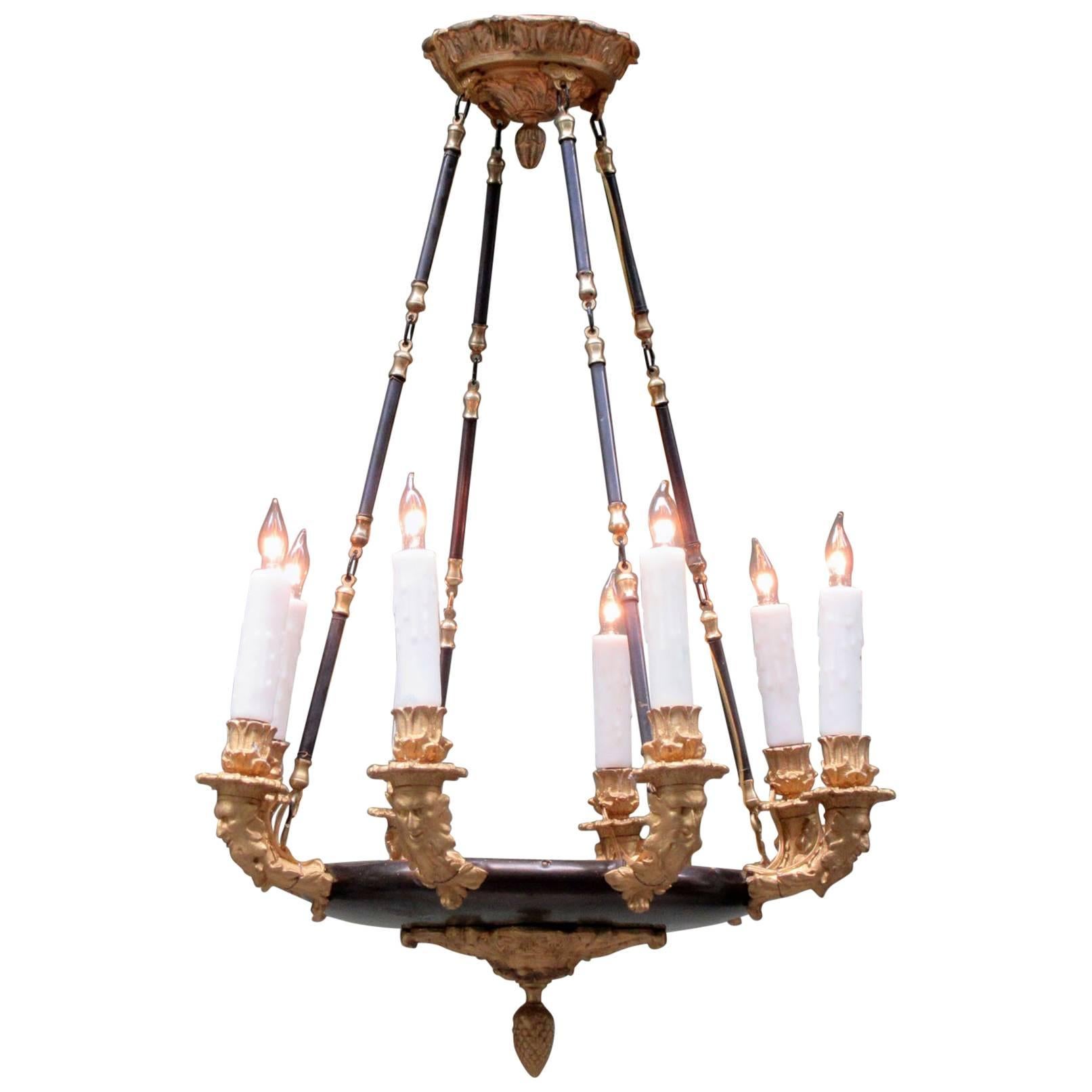 19th Century French Empire Patinated Brass and Zinc North Winds Chandelier For Sale