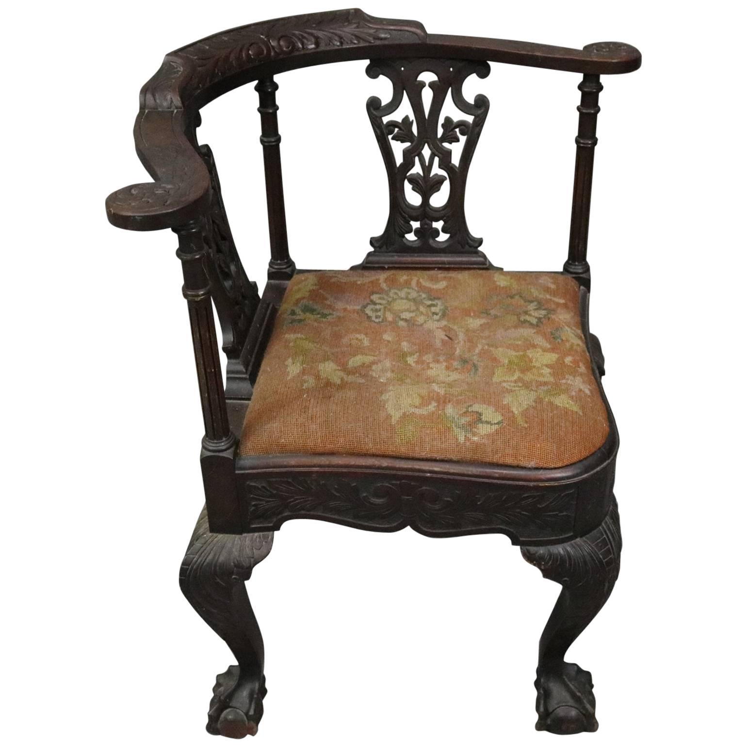 Chippendale Style Carved Mahogany and Floral Needlepoint Corner Chair, circa 188