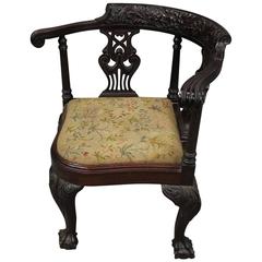 Antique Chippendale Style Carved Mahogany & Floral Needlepoint Corner Chair