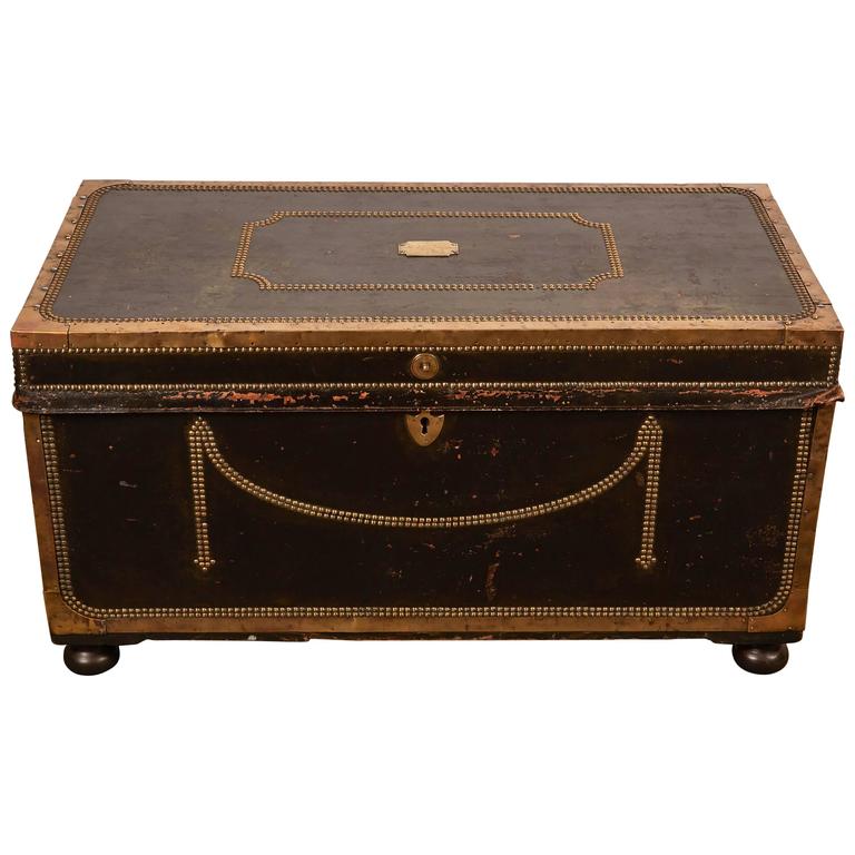19th Century English Leather Trunk with Nail Head Trim at 1stDibs