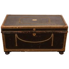 19th Century English Leather Trunk with Nail Head Trim