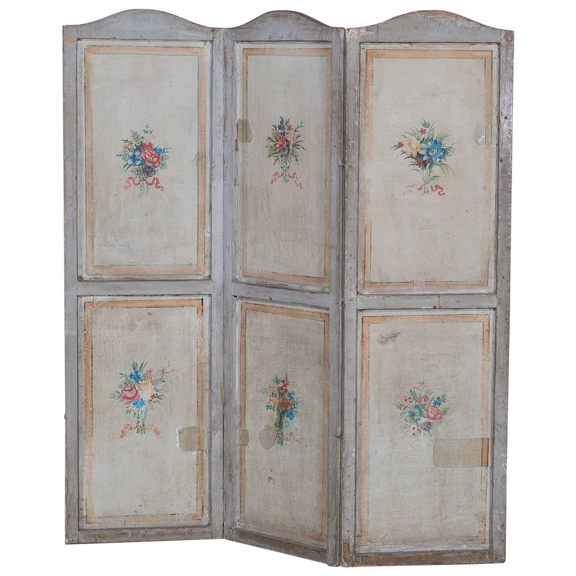 Antique French Painted Screen Paravent, circa 1880 For Sale