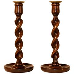 Late 19th Century Pair of Turned Oak Candlesticks