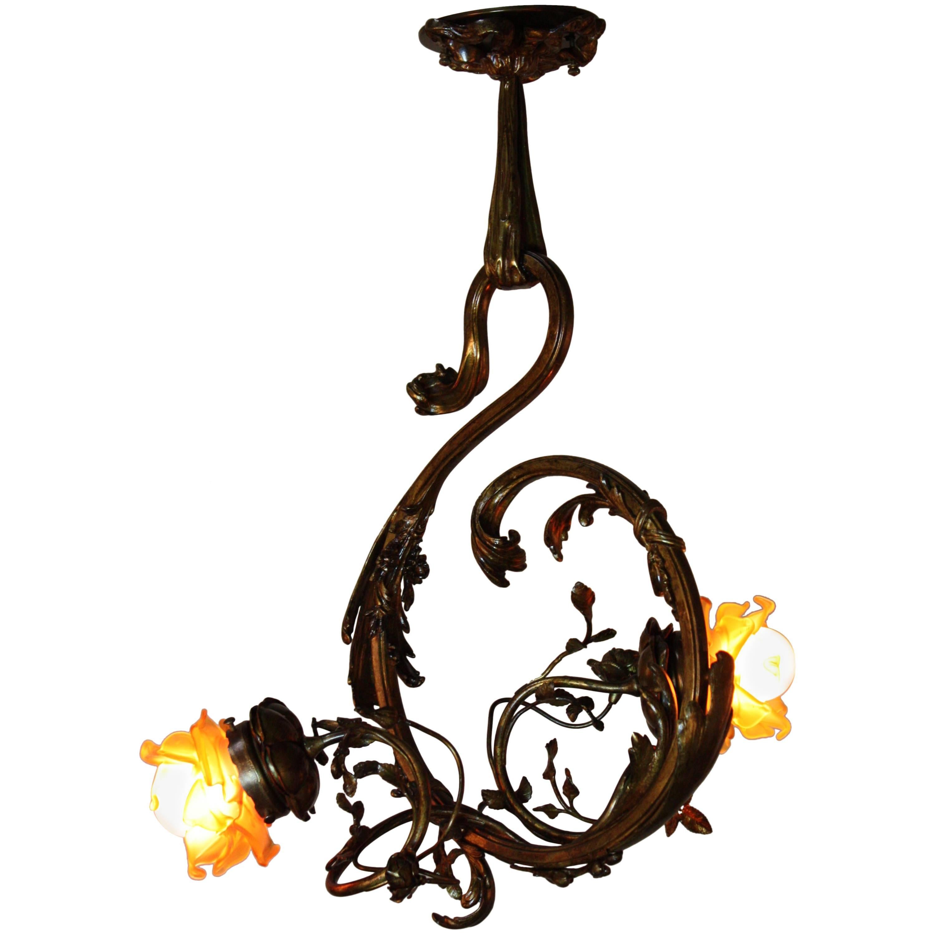 French 1920s Flora Design Bronze and Glass Chandelier