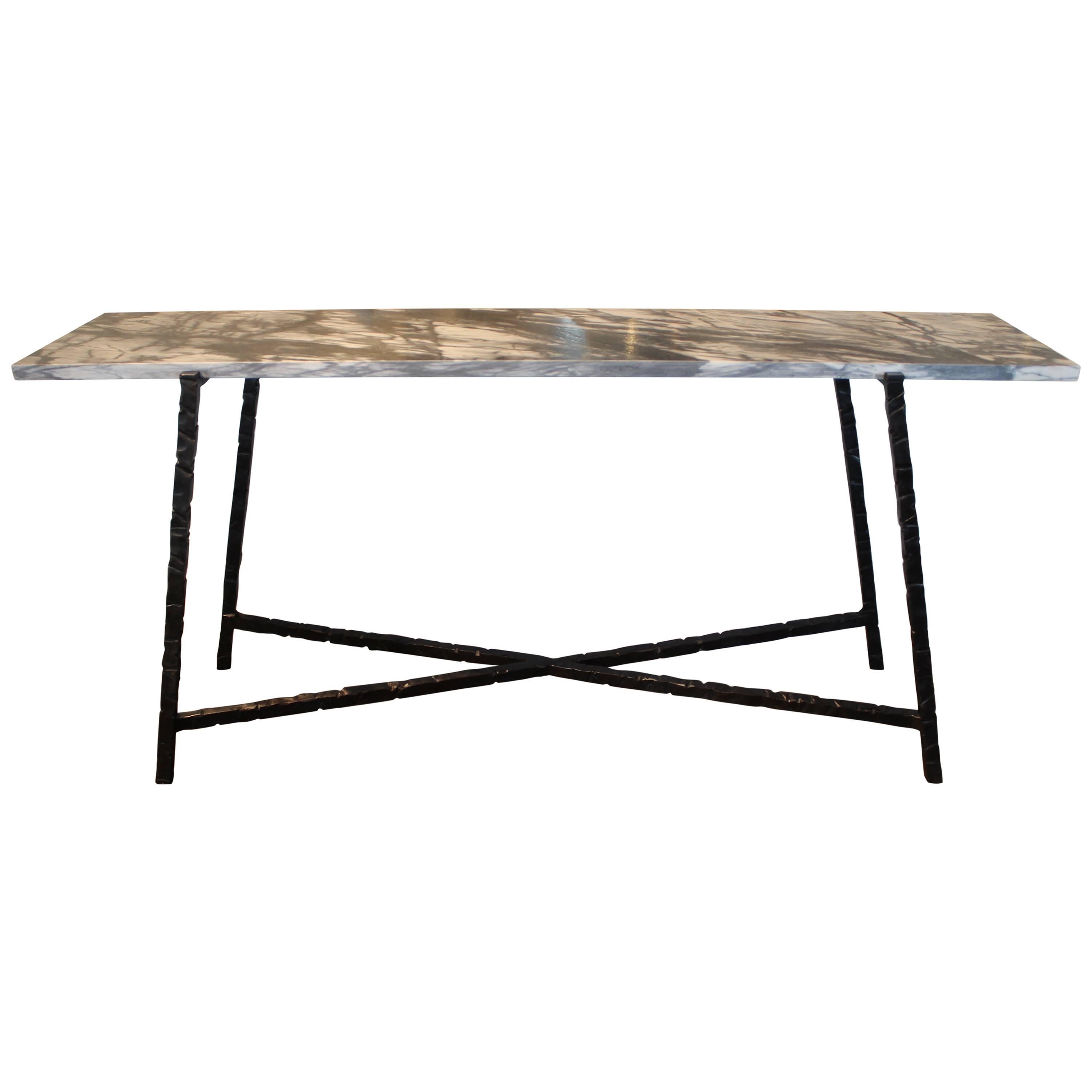 Custom Console with Hammered  Steel Base. Leathered Marqina Marble Top