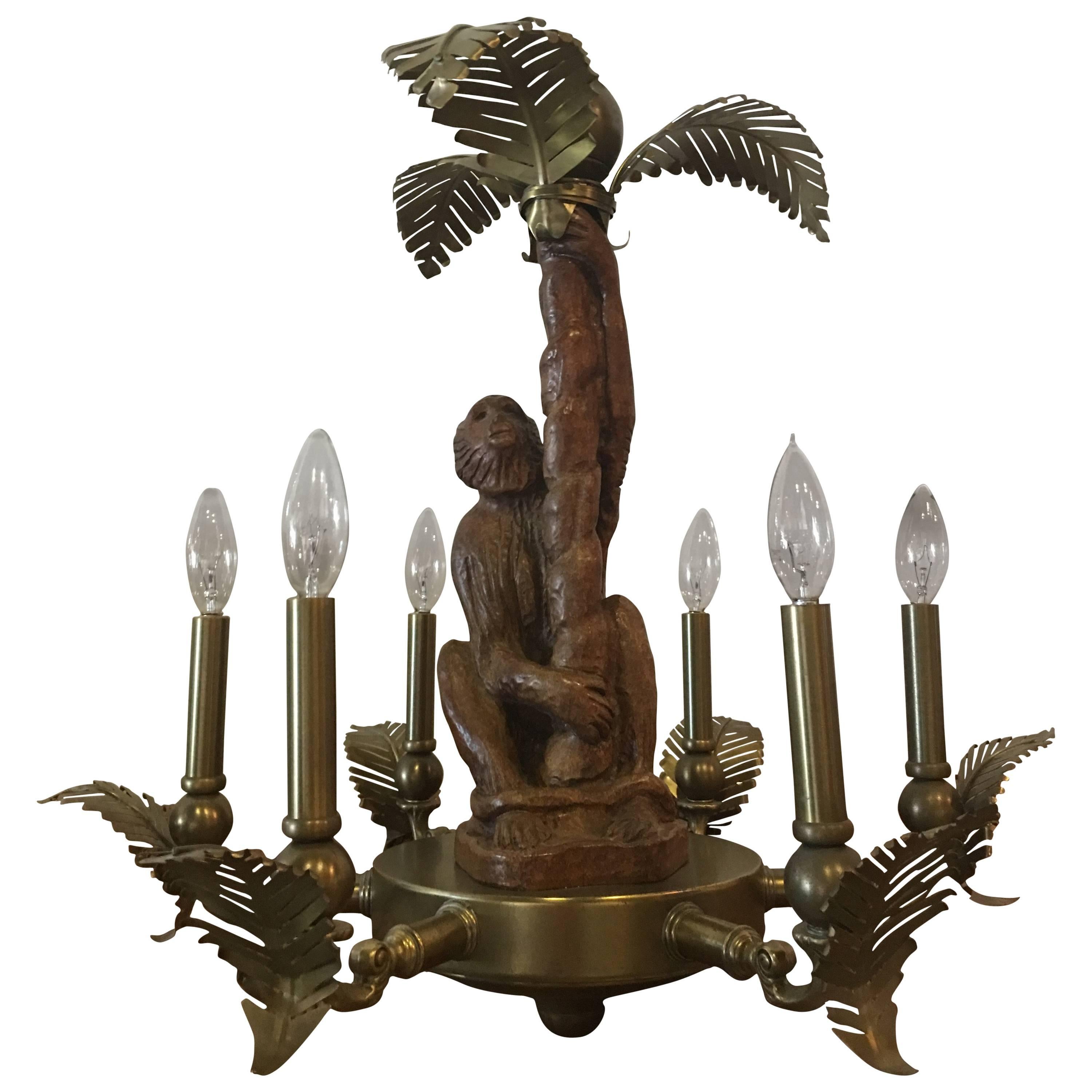 Monkey and Brass Palm Frond Leaf Tree Six-Light Chandelier Tropical Palm Beach For Sale