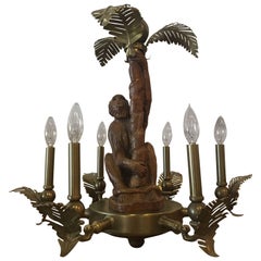 Monkey and Brass Palm Frond Leaf Tree Six-Light Chandelier Tropical Palm Beach