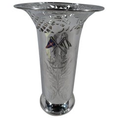 Antique American Art Nouveau Sterling Silver Vase with Enamel Flags