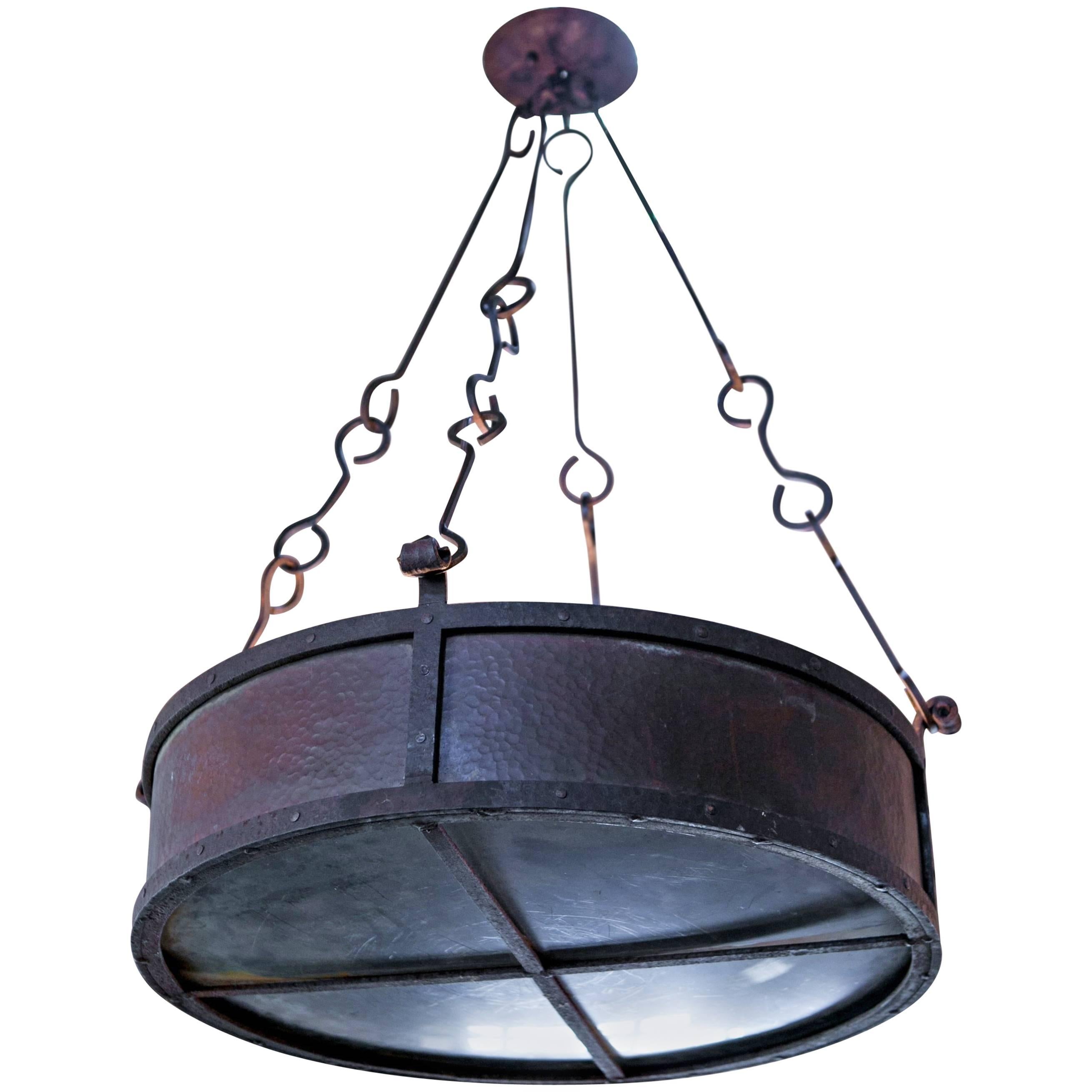 One of a Kind Hammered Copper and Iron Round Light from France, circa 1920