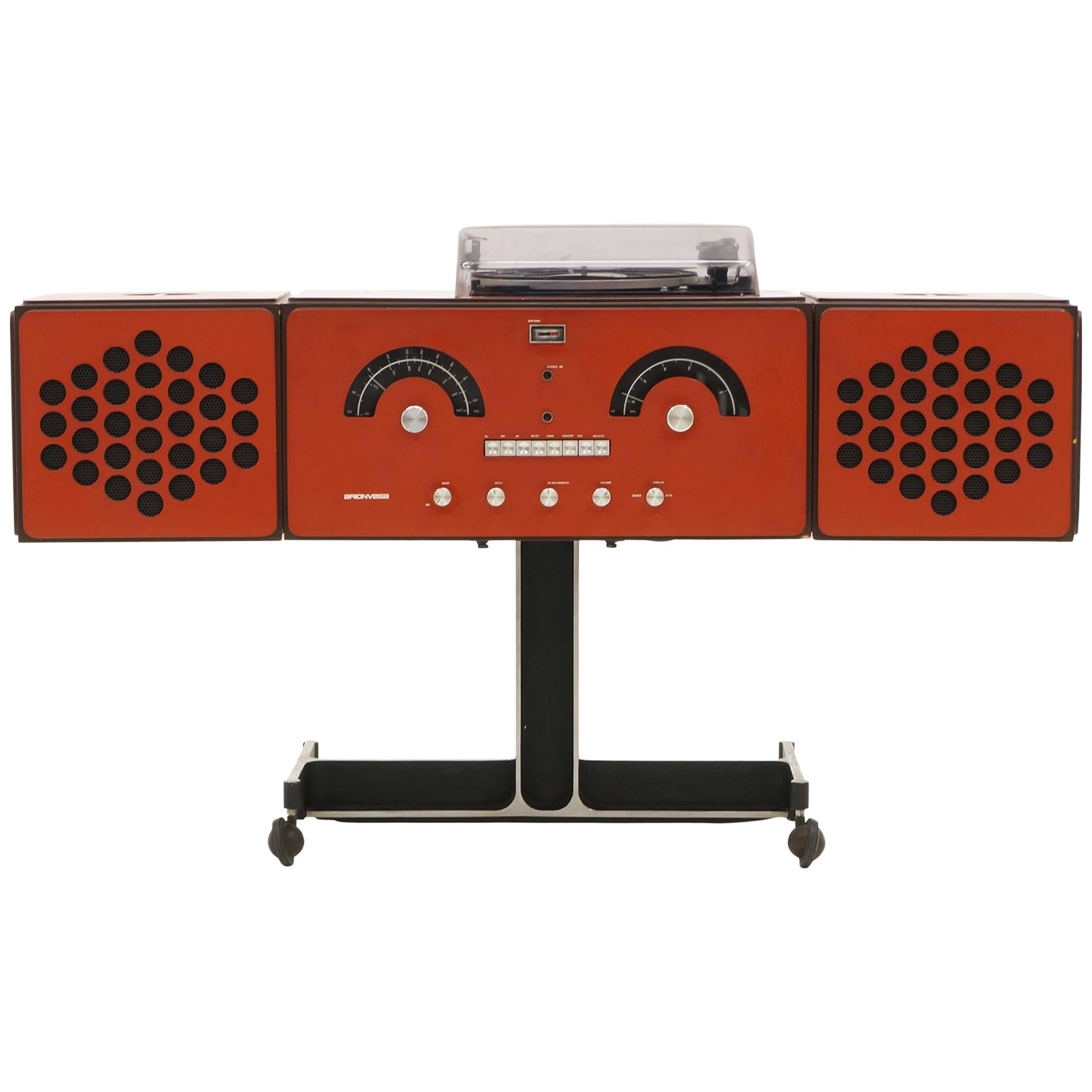 1965 Vintage Brionverga RR126 Rare Brick Red Am Fm Stereo Radio and Turntable