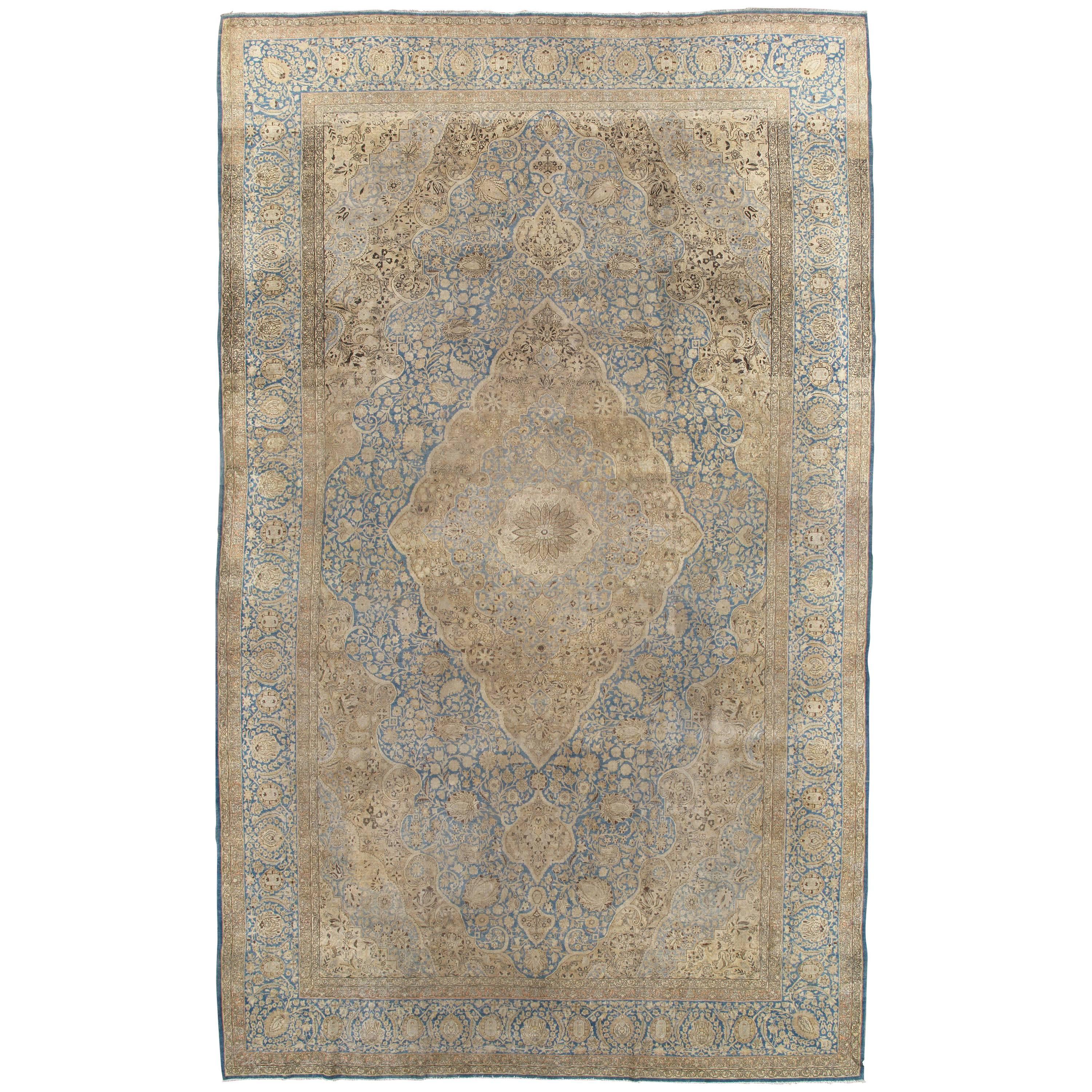 Alfombra antigua de Tabriz, alfombra hecha a mano, azul claro, oro y marfil