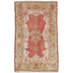 Antique Oushak Rug, Handmade Rug in Coral, Green, Ivory and Light Blue