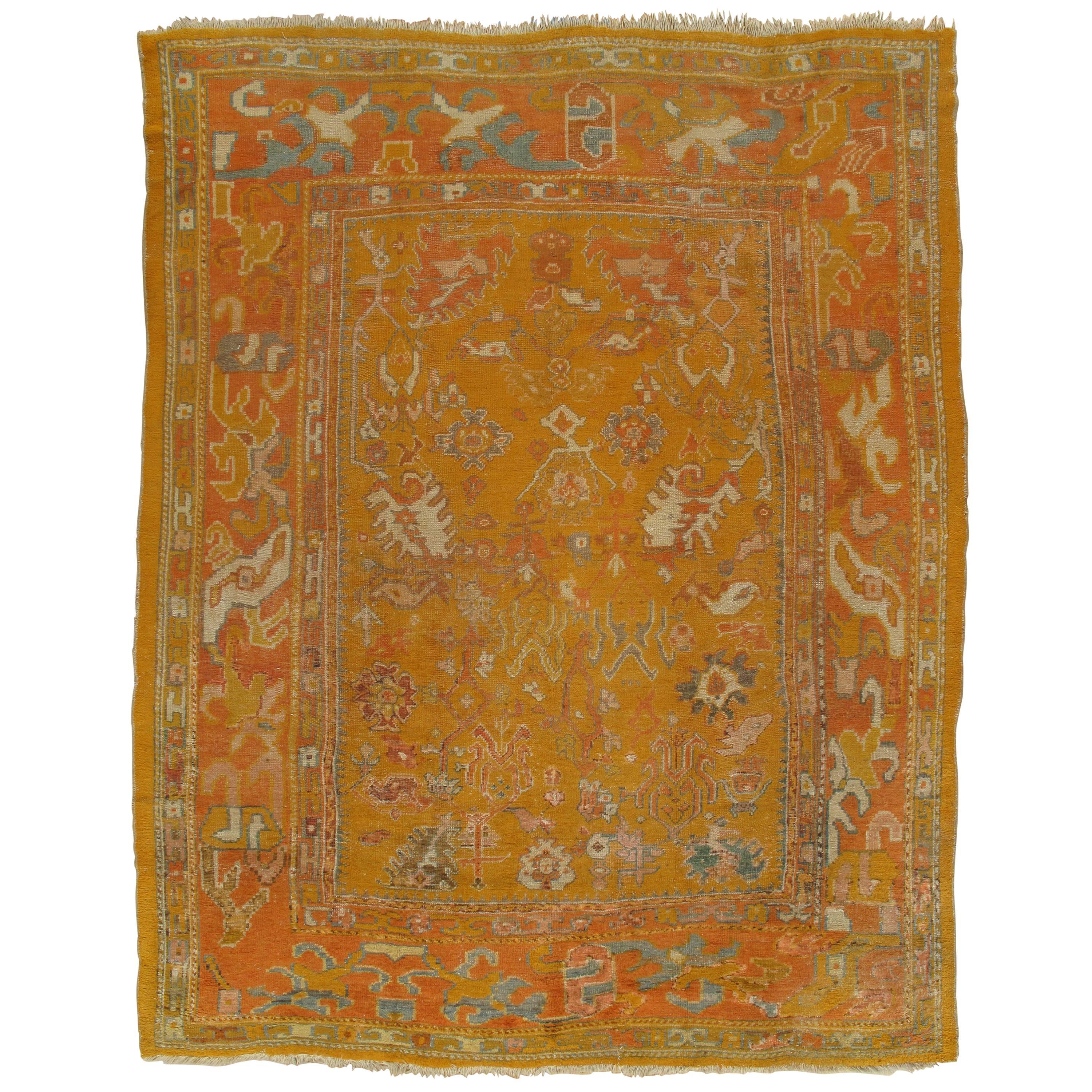 Antique Oushak Carpet, Oriental Rug, Handmade Orange, Ivory and Saffron