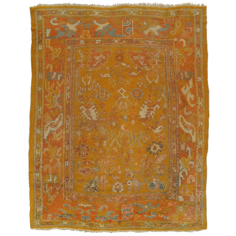 Antiker Oushak Teppich, Orientaler Teppich, Handgemacht, Orange, Elfenbein, Safran 1