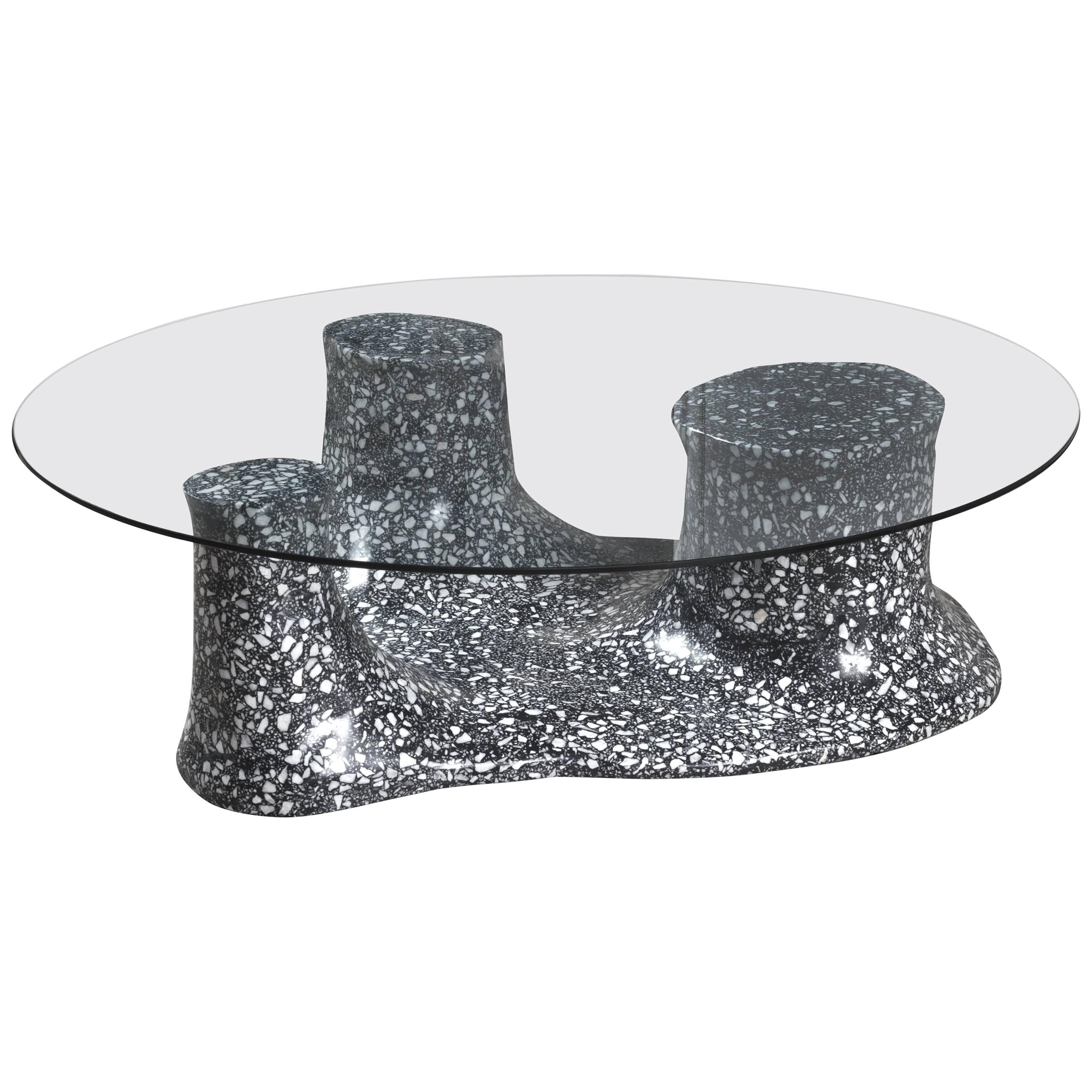 Moonscape Organic Cement and Marble Terrazzo and Glass Coffee Table For Sale