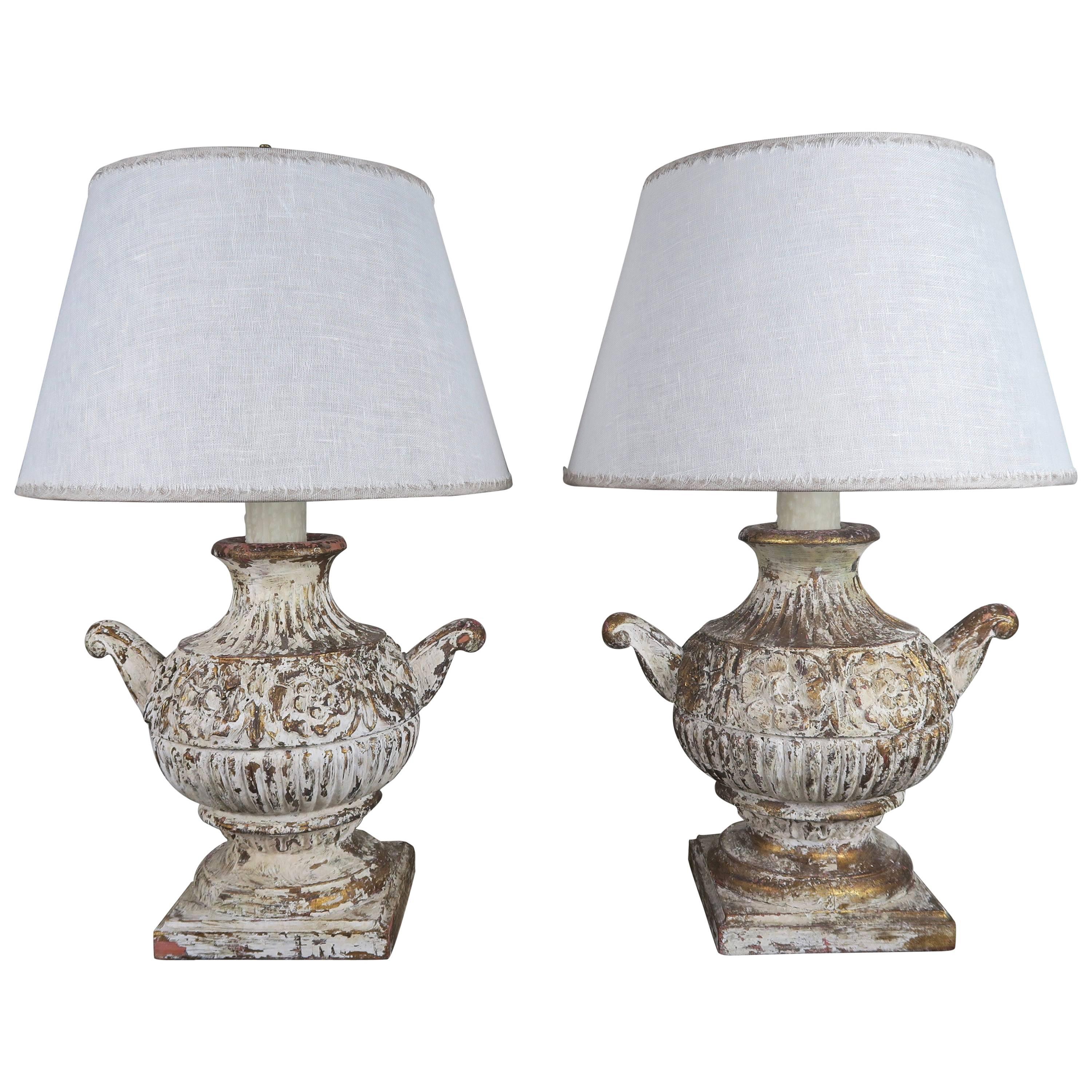 Pair of Carved Italian Painted Urn Lamps with Custom Linen Shades