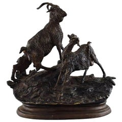 Jules Moigniez Bronze Sculpture of Goat Pair on Oval Base