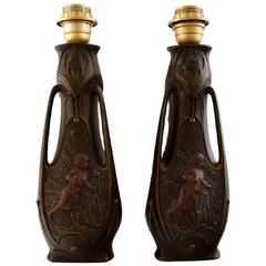 Antique Jean Garnier, Pair of French Art Nouveau Bronze Table Lamps