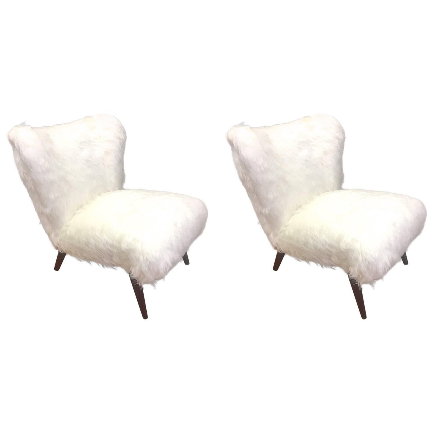 Spectacular Danish Pair of Slipper Chairs Newly Covered in Long Mohair Faux Fur For Sale
