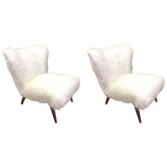 Spectacular Danish Pair of Slipper Chairs Newly Covered in Long Mohair Faux Fur