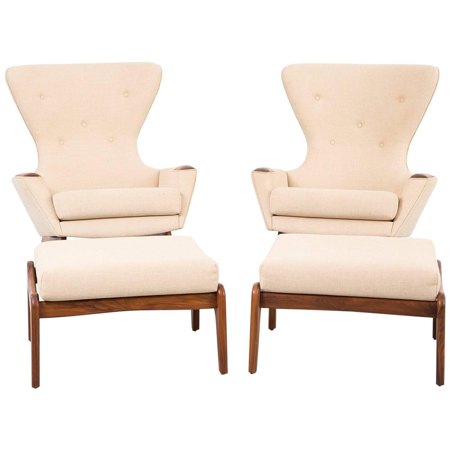 Mid-Century Modern Set of Adrian Pearsall Wingback Chairs and Ottomans