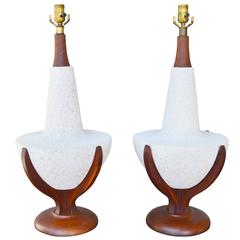 Pair of Mid-Century Walnut Speckle Ceramic Large Lamps