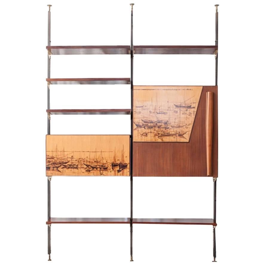 Italian design 1950s bookcase unit in wood and metal with dropdown bar element For Sale