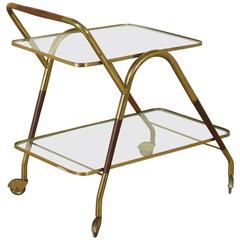 Service Cart Stained Beech Brass Glass Vintage Manufactured in Italy, 1950s