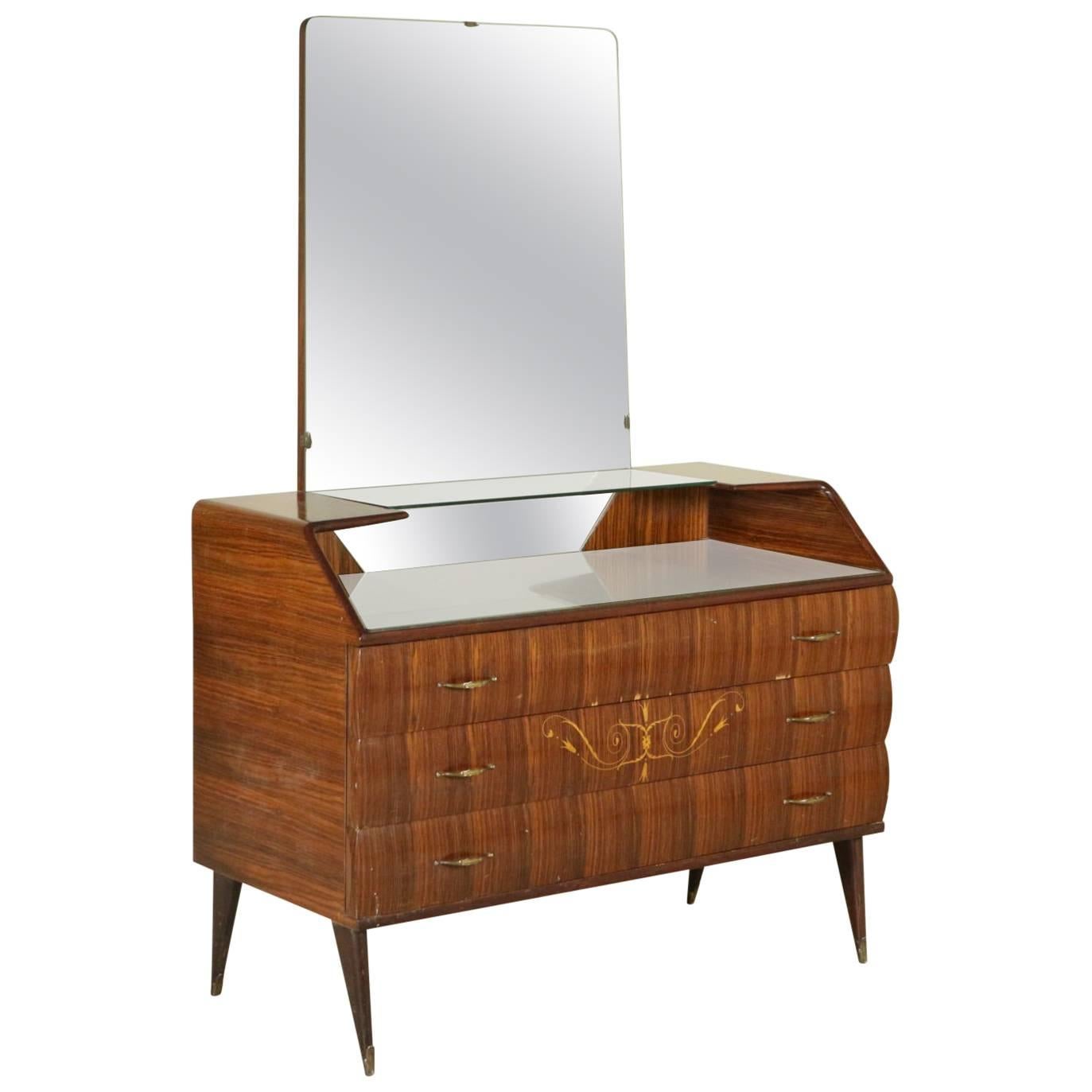 Chest of Drawers with Mirror, Rosewood Veneer, Inlaid Floral Decorations