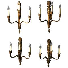 French 19th Century Bronze Triple Arm Set of Four Antique Wall Lights