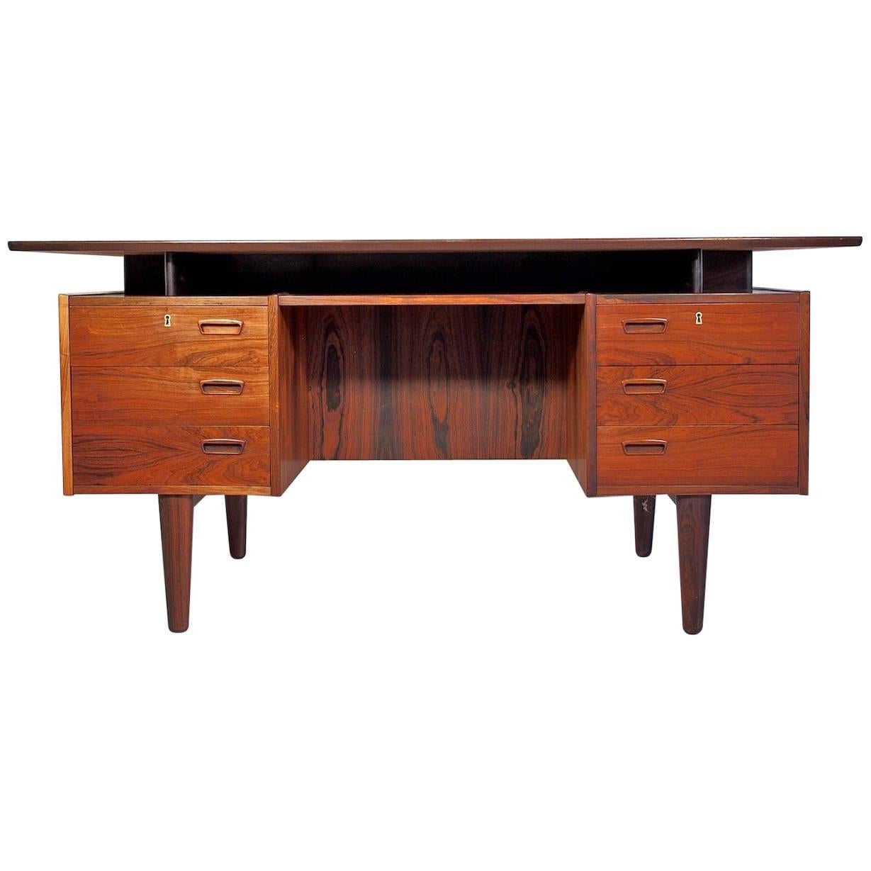 Danish Rosewood Writing Desk with Drawers and Shelves