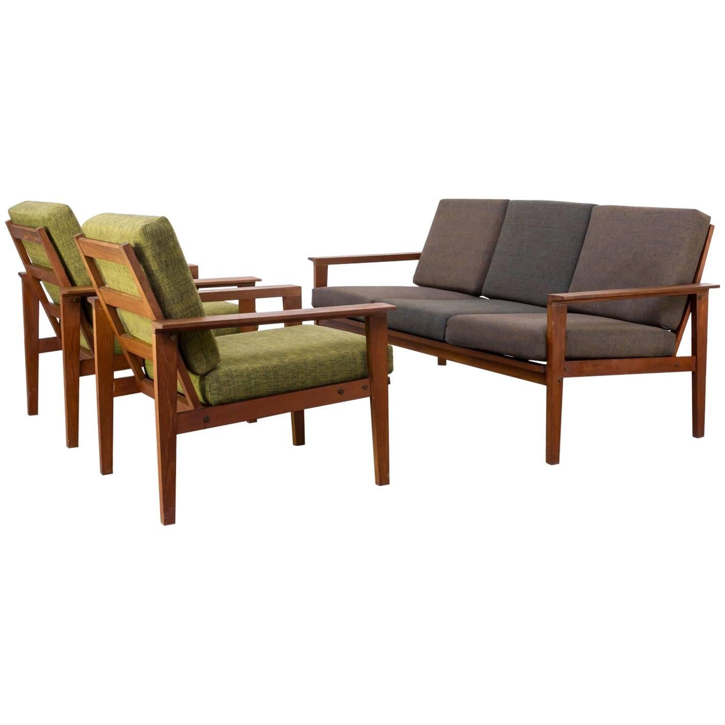 1960s Teak Seating Group One Three-Seat Sofa, Two Fauteuils For Sale