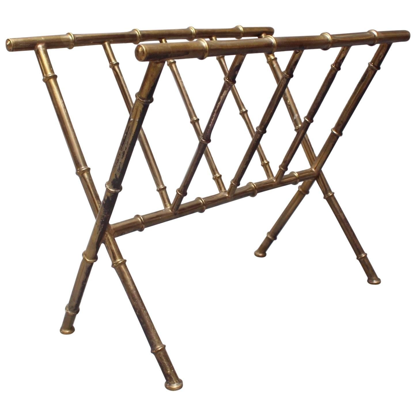 Brass 'Bamboo' Magazine Rack in the Style of Jacques Adnet, 1950s