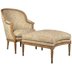 20th Century French Bergere and Matching Ottoman in Fine Damask 9