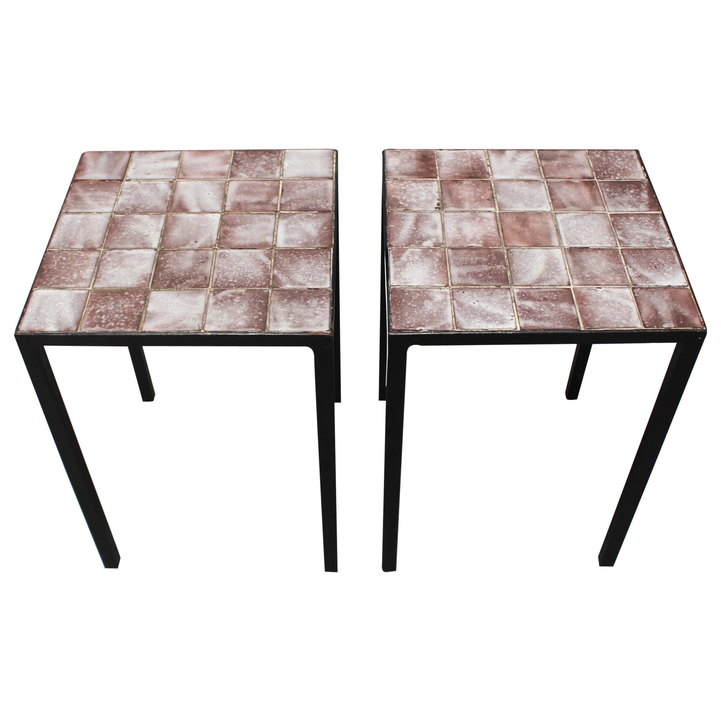 Set of Two Purple Ceramic Tiled Side Tables by Mado Jolain, circa 1950s -1960s