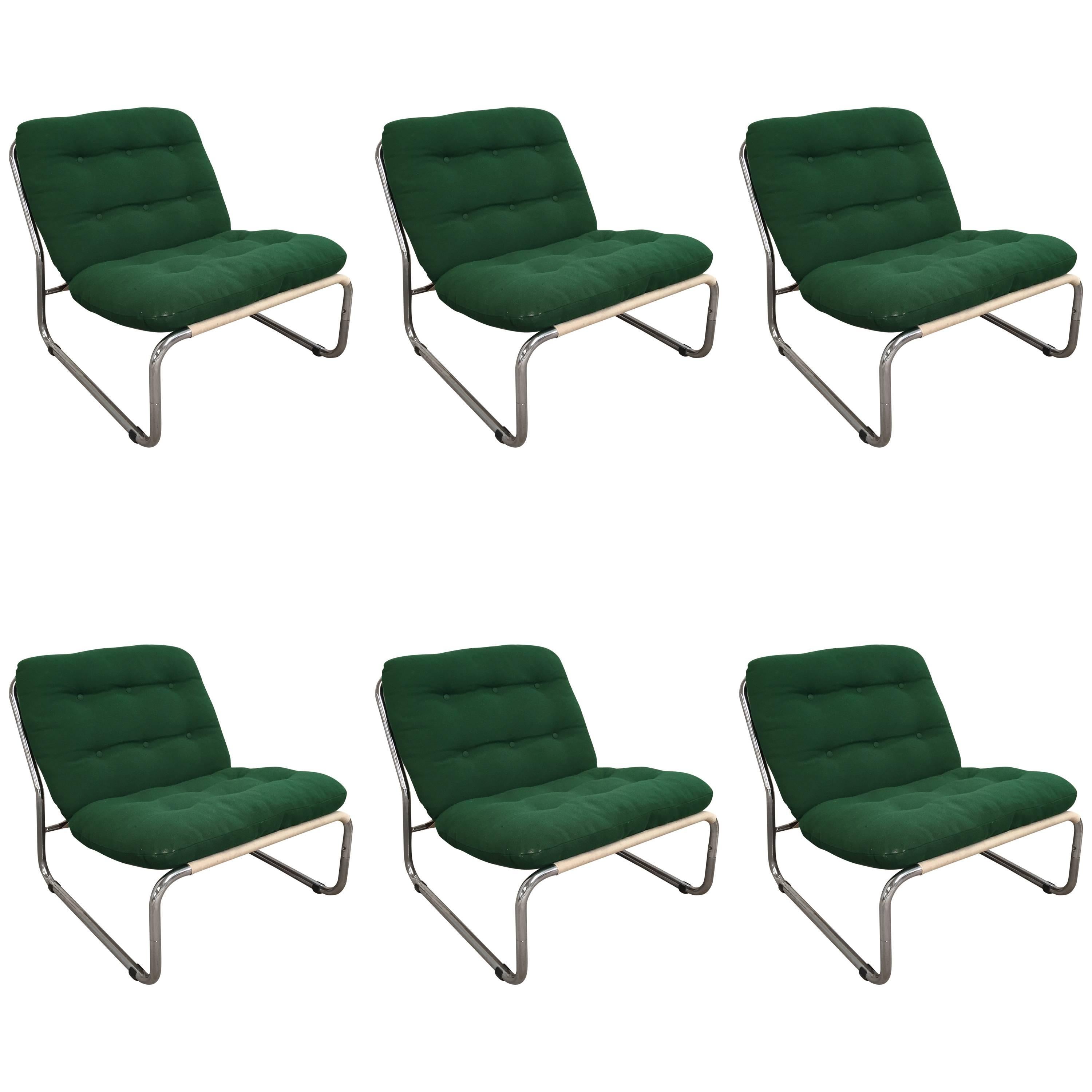 Italian 1970s Set of Six Upholstered Chrome Chairs with Original Cushions
