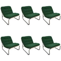 Italian 1970s Set of Six Upholstered Chrome Chairs with Original Cushions