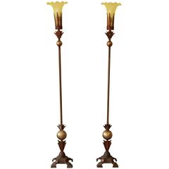 Vintage 1930s French Art Deco Brass Torchiere Floor Lamps, Pair